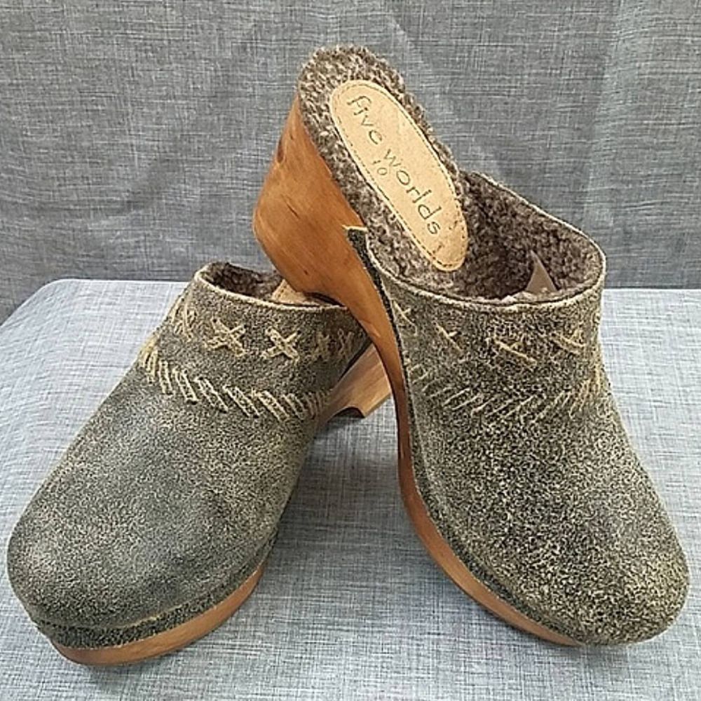 Five Worlds by Cordani 'Like NEW' Zander Distressed leather Gray Wood clogs 10